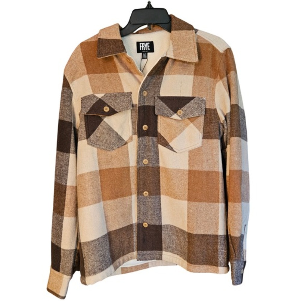 Frye Mens Sherpa Lined Flannel Shirt Jacket Tan Plaid Shacket Size Small NEW